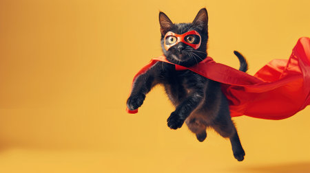 Unleash the superhero within your feline friend! A grinning black cat with a red cape and mask, jumping and soaring through the air against a gentle yellow backdropの素材