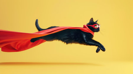 Superhero cat in action! A cheerful black cat donning a red cape and mask, leaping and flying gracefully against a soft yellow backgroundの素材