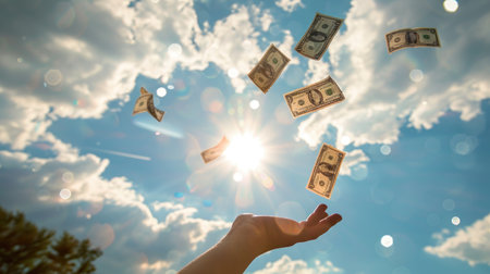 Falling money against a sky with white clouds and bright sunlight, and a hand ready to catch the bills.の素材