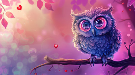 Cartoon owl with heart-shaped eyes, sitting on a branch with a pink and purple background.の素材