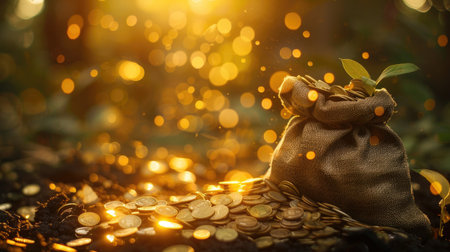 Overflowing coin bag, signifying financial prosperity and success.の素材