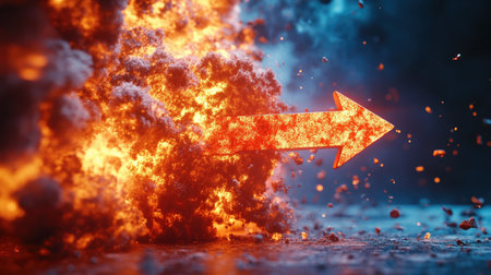 3D explosion simulation with a directional arrow sign, illustrating dynamic change and significant impact.の素材