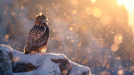 Owl perched on a snow-covered peak, with the winter sun casting a golden glow over the snow and mountainsの素材
