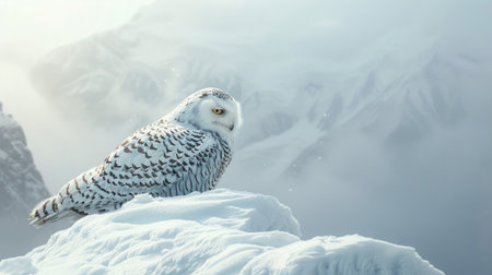 Snowy owl resting on the top of a snow-capped mountain, surrounded by pristine white snow and clear, cold air.の素材