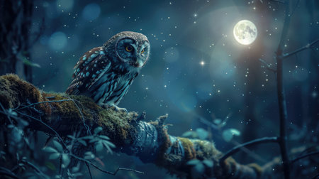Owl in the forest at night, sitting on a moss-covered branch with the moon and stars lighting up the dark sky.の素材