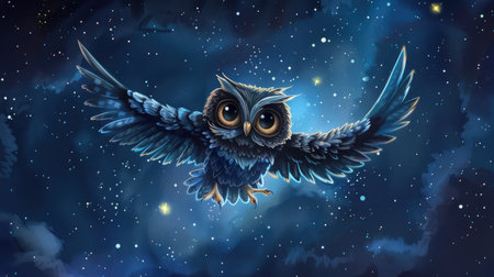 Playful owl cartoon with wide eyes and a small beak, flying through a starry night skyの素材
