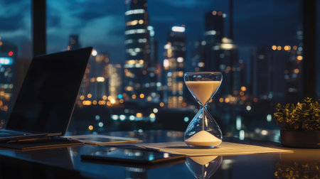 A sand timer on a desk with a cityscape in the background. Time management, work-life balance, productivity.の素材