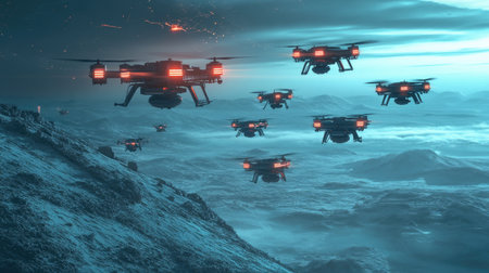 A fleet of military drones on a mission, carrying supplies across a hostile environment.の素材