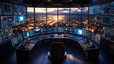 A control room filled with screens monitoring automated drone delivery systems in real-time.の素材