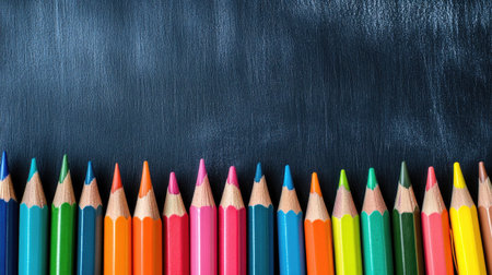 Colorful classroom supplies, including pencils and markers, lined up before a blank blackboard, awaiting creative ideas.の素材