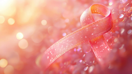 Breast cancer awareness pink ribbon in a circular glossy formation, highlighted on a soft abstract background.の素材