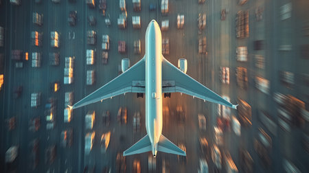 Airfreight in motion: Aerial view of a cargo plane taking off with freight, visualizing the efficiency of transporting goods by air.の素材