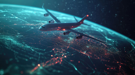 Strategic route planning: Interface displaying planned airfreight routes, highlighting the technology behind route optimization in logisticsの素材