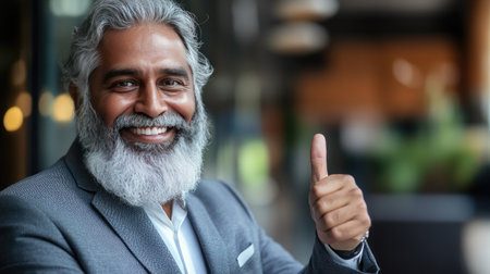 A smiling Indian businessman with a gray beard giving a thumbs-up. Achievement, positivity, success.の素材
