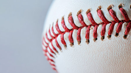 Close-up of a baseball on a plain background, providing space for copy, ideal for sports-themed banners.の素材