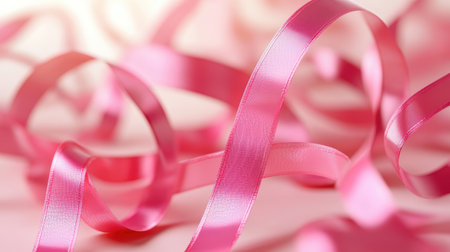 Breast cancer awareness month concept with pink ribbon tapes forming a glossy round pattern on a soft abstract background.の素材
