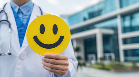A doctor holding a yellow happy face icon in front of a hospital. Healthcare, positive image, success.の素材
