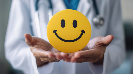 A doctor holding a yellow happy face icon. Healthcare, patient satisfaction, positive outcome.の素材