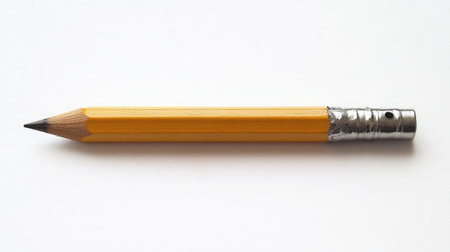 A well-used pencil, sharpened nearly to the eraser, placed horizontally on a plain white background, emphasizing simplicity and wear.の素材