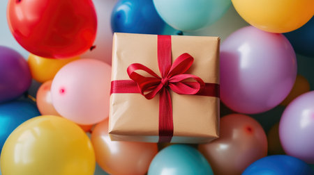 Festive gift box wrapped in brown paper with a red ribbon, surrounded by balloons of various colors, highlighting a celebratory mood.の素材