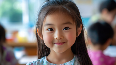 Close-up portrait of an 8-year-old Asian girl in a classroom, her smile reflecting enthusiasm for school.の素材