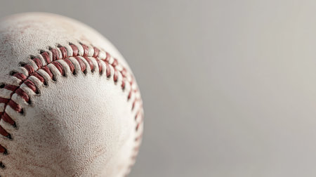 Close-up of a baseball on a plain background, providing space for copy, ideal for sports-themed banners.の素材