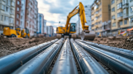 Construction site scene with long metal pipes in focus, blurred yellow excavator in the background, urban street settingの素材