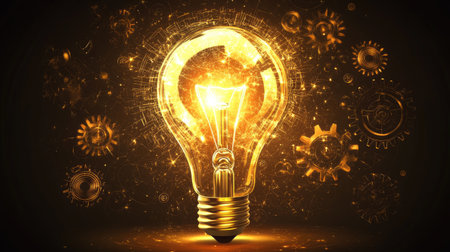Glowing light bulb and cogwheel gears illustration, set against a dark background, symbolizing intelligence and creativity.の素材