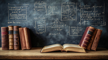 Old books on a wooden table, chalkboard background with math formulas, creating a scholarly atmosphere.の素材