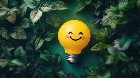 Happy-faced yellow light bulb on a vibrant green plants background, flat lay, symbolizing bright ideas and positivity.の素材