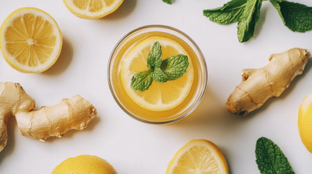 Lemon ginger tea in a glass, garnished with mint, surrounded by fresh ingredients on a white background, representing wellness and vitality.の素材