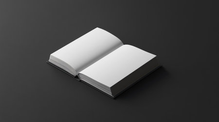 Minimalist mockup of an open notebook with empty pages, displayed on a dark background for contrast.の素材