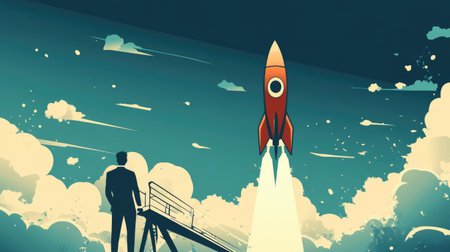 Investment and business success represented by a rocket launch, with a businessman overseeing the process, aiming for high growth.の素材