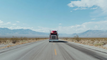 Nevada desert highway with a new semi-truck driving front, emphasizing the power and endurance of modern transportation.の素材