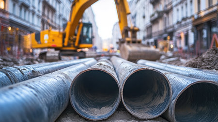 Street construction site with metal pipes in the foreground, yellow excavator in the blurred background, emphasizing infrastructure work.の素材