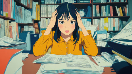 Office scene with a Japanese woman in her 20s, frustrated and troubled at her desk, surrounded by work documents.の素材