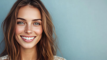 Portrait of an attractive woman, smiling warmly at the camera, three-quarters view, plain color background.の素材