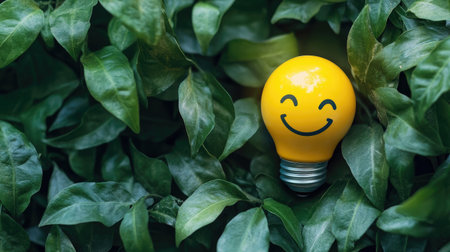 Smiling yellow light bulb on a green leafy background, symbolizing happiness and eco-friendliness, ample copy space.の素材
