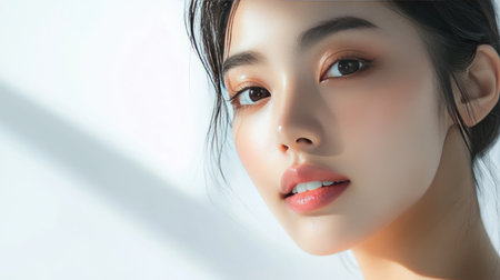 Perfectly styled young Asian woman with K-beauty makeup, showcasing her glowing skin on an isolated white backgroundの素材