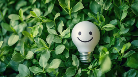 Light bulb with a happy face lying on a bed of green plants, flat lay design, emphasizing positivity and natureの素材