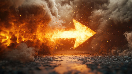 Original 3D illustration of an explosion simulation, featuring an arrow sign bursting through, symbolizing forceful progressの素材