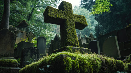 A low angle view of a moss-covered cross in a forgotten cemetery, with dense trees and tombstones in the background.の素材