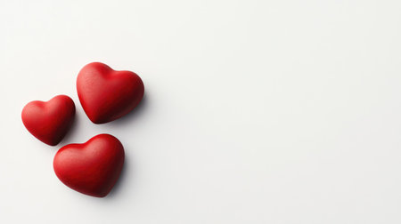 Top view of three matte red heart-shaped stones on a smooth white background, with generous space for copy.の素材