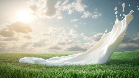 A product display stand with milk elegantly flowing out onto green grass, set against a clear sky and clouds, emphasizing natural freshness.の素材