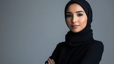 Studio portrait of a hijab-wearing woman, elegantly poised against a plain background with professional lighting.の素材