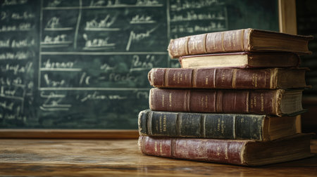 Stack of old books on a wooden table, chalkboard with mathematical equations in the background, vintage academic setting.の素材