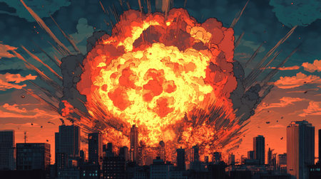 A massive explosion over a city in vintage comic book style, illustrating apocalyptic chaos with retro flair.の素材