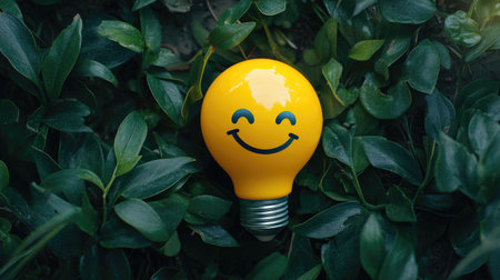 Yellow bulb with a smiley face, flat lay on lush green plants, conveying happiness and creativity, with room for text.の素材
