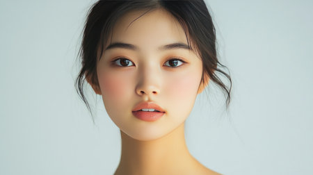 Stunning portrait of a young Asian woman with perfect skin, K-beauty makeup, and a gentle expression against a clean white background.の素材