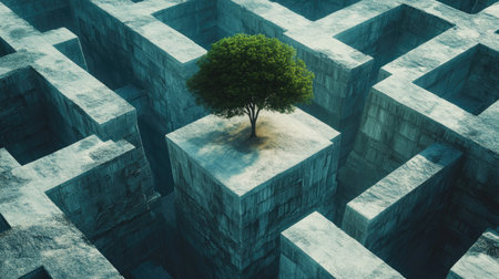 A single tree growing in the center of a complex stone maze, symbolizing life amidst the cold, hard architecture.の素材
